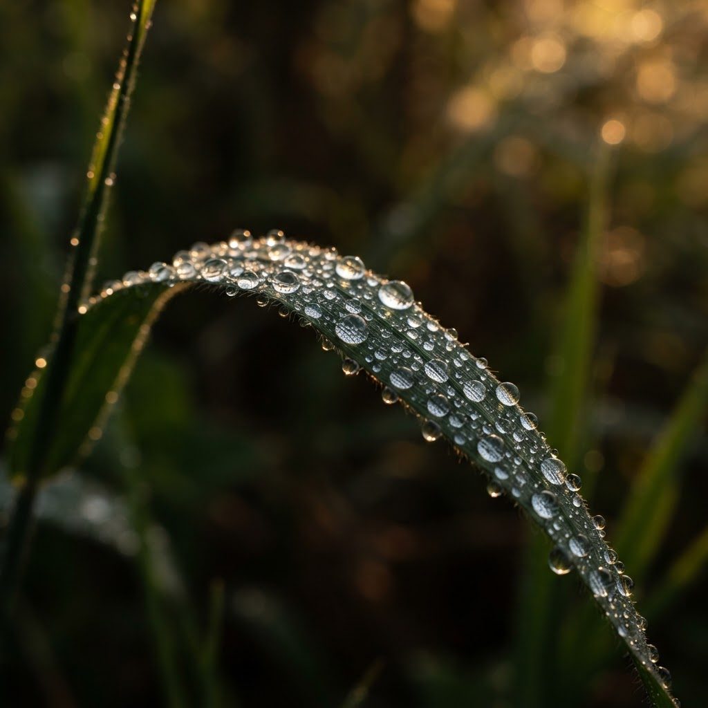 Dew on a blade of grass at sunrise